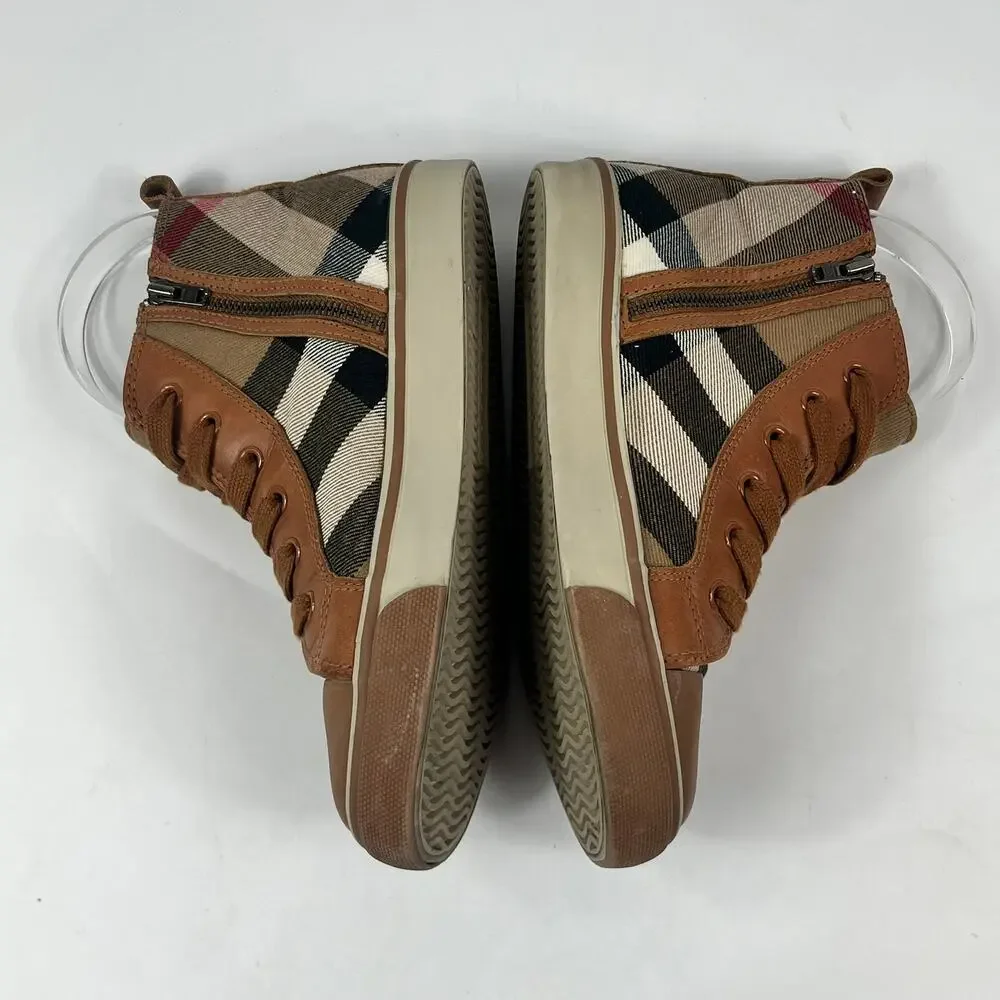 Burberry Kids Sz 2 (33) Nova Check High Top Sneakers Brown Tan Canvas Leather